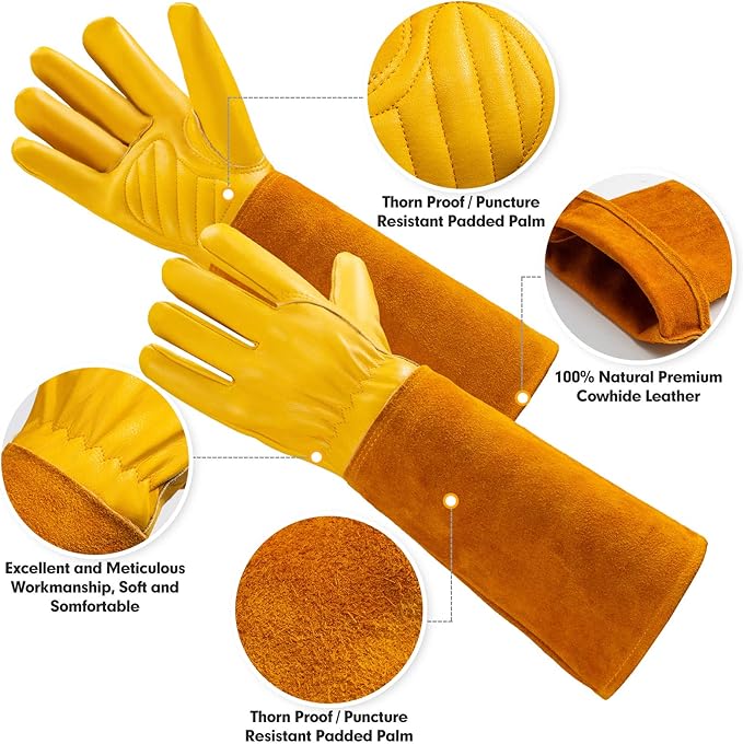 Acdyion Thorn Proof Gardening Gloves for Rose Pruning - Long Cowhide Leather with Forearm Protection Unisex(Butter Yellow,X-Large)