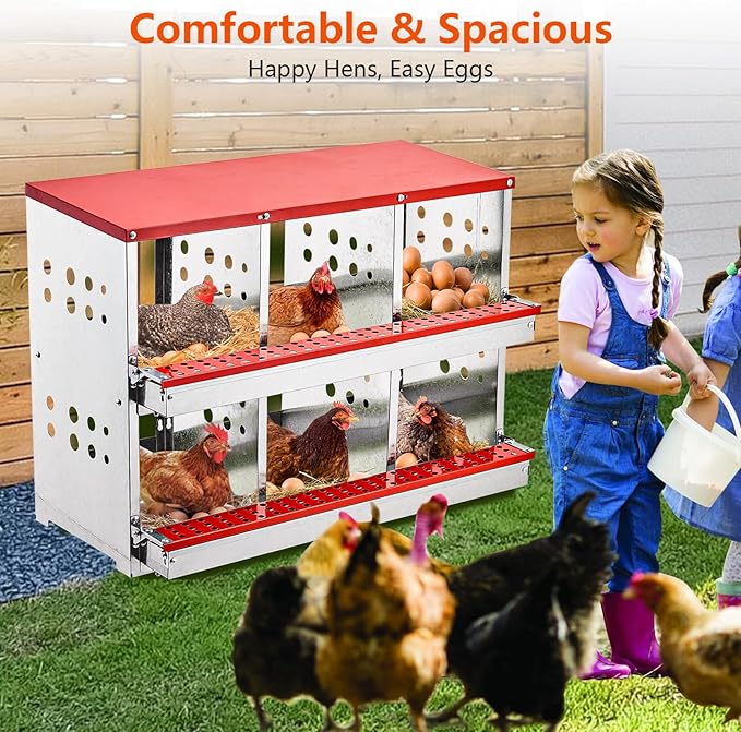 Garvee Nesting Boxes for Chickens, 6 Compartment Roll Out Away Chicken Nesting Boxes for Laying Eggs, Nesting Gift Boxes for Hens Duck Poultry, Metal Heavy Duty Chicken Coop with Perch