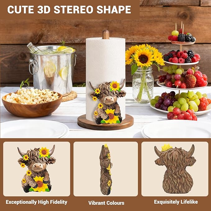 Highland Cow Paper Towel Holder - Highland Cow Decor for Kitchen Farmhouse Bathroom Countertop - Gifts for Women Mom Grandma - 3D Cute Stuff Decorative Accessories