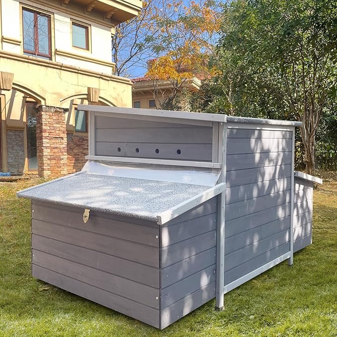 Chicken Coop, 58" Wooden Chicken Coop with 2 Sides Large Nesting Boxes for 4-6 Chickens, Poultry Hutch Rabbit Cage with No-Slip Ramp & Pull-Out Tray for Outdoor Farm Yard (Dark Grey)