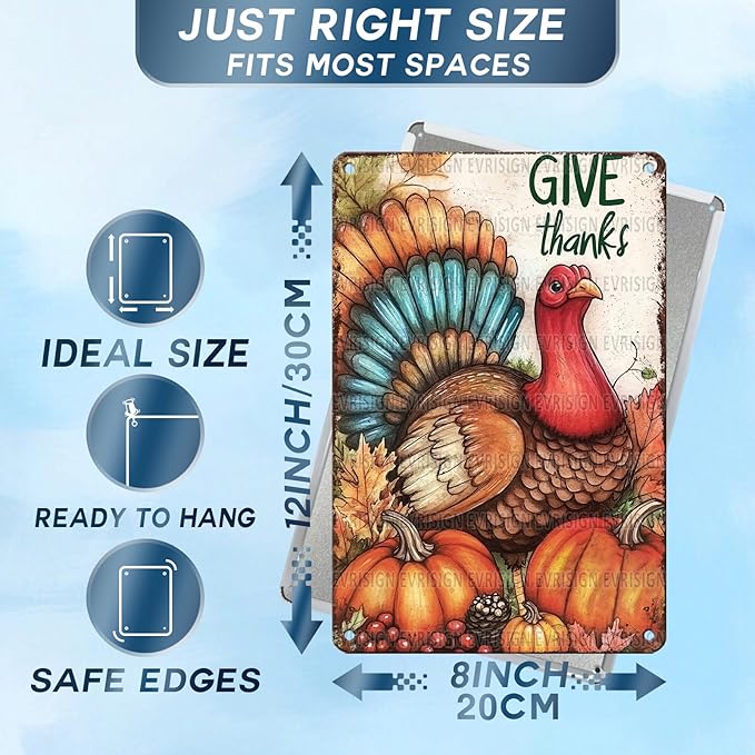 Autumn Turkey Give Thanks Metal Tin Sign Thanksgiving Kitchen Decor for Fall Club Bar Garage Wall Decor 8x12Inch