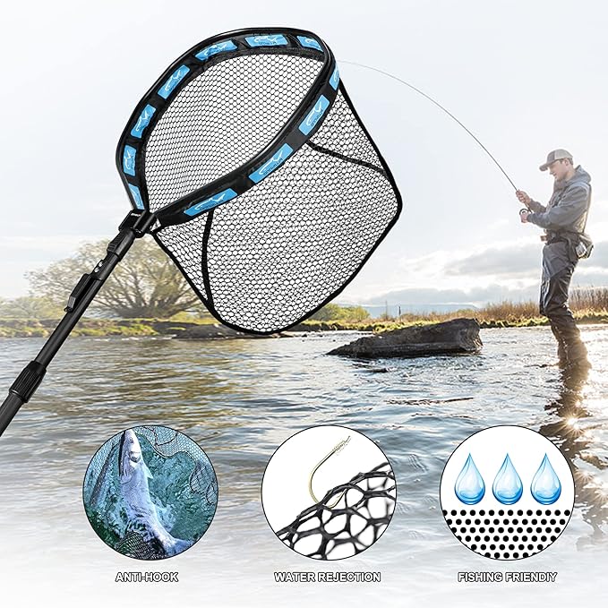 PLUSINNO Fishing Net Fish Floating Landing Net, Kayak Nets with Fixed Foldable Telescopic Pole Handle, Bass Trout Fishing Nets with Nylon Mesh for Pond Lake River, Fishing Gear Gifts for Men Anglers