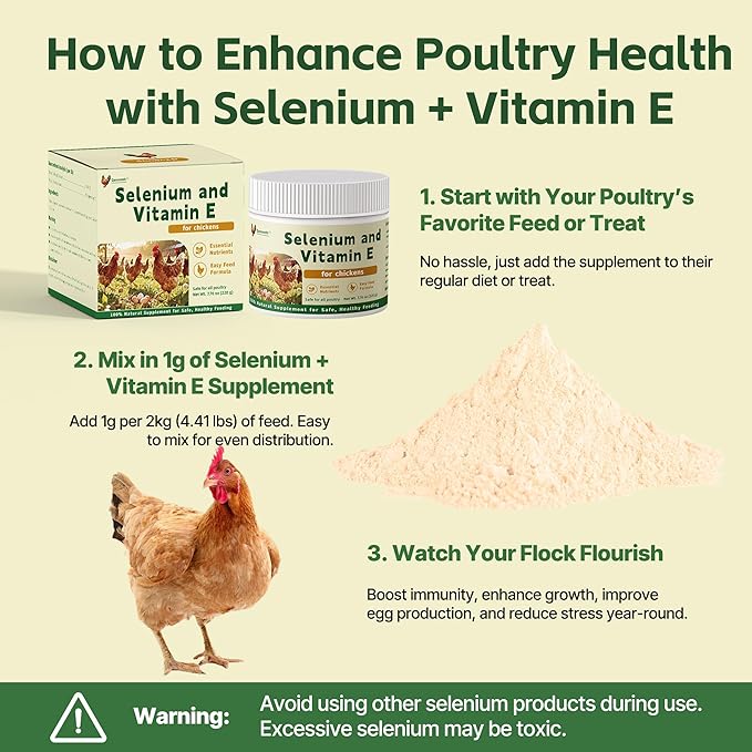 Selenium and Vitamin E Powder for Chickens – Boost Immunity, Muscle Support & Reproductive Health, Selenium for Chickens to Prevent Wry Neck & Improve Egg Production, Chicken Vitamins for All Poultry