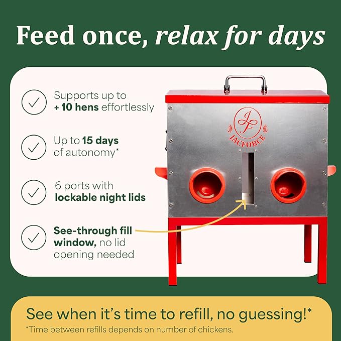 Automatic Chicken Feeder – 40lb No Waste Metal Poultry Feeder with 6 Ports, Locking Lid & Raised Legs – Stops Feed Waste & Constant Refills for Happy Chickens & Clean Coops