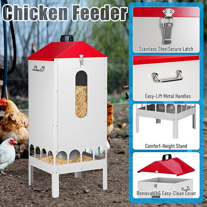 70-80lbs Large Automatic Chicken Feeder with16 Feeding Ports Gravity Poultry Feeder with Viewing Window, No Waste Chicken Feeder for Duck Geese Turkey