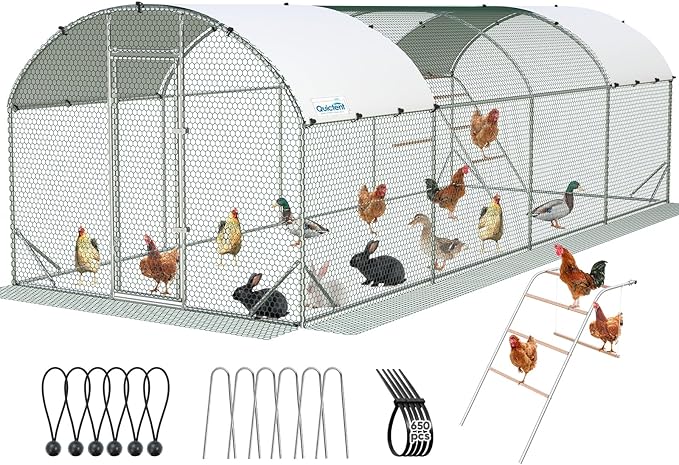 Quictent Essential Series 24x9x6.6ft Metal Chicken Coop Run with Climbing Ladder, Walk-in Outdoor Poultry Cage with PVC Coated Chicken Wire, Hen Duck Rabbit Farm House, Waterproof Anti-UV Cover