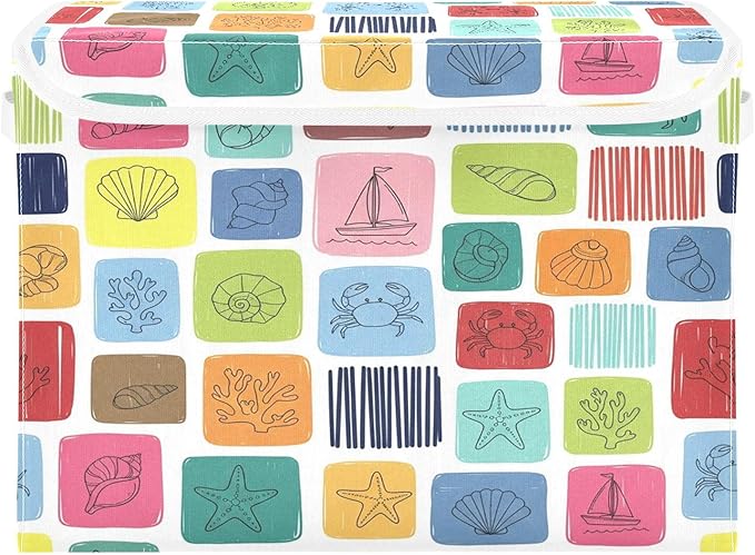 Colorful Sea Marine Theme Squares Storage Bins with Lids Foldable Storage Basket with Handles Collapsible Large Fabric Organizer Containers for Clothes Shelves Closet Office Home