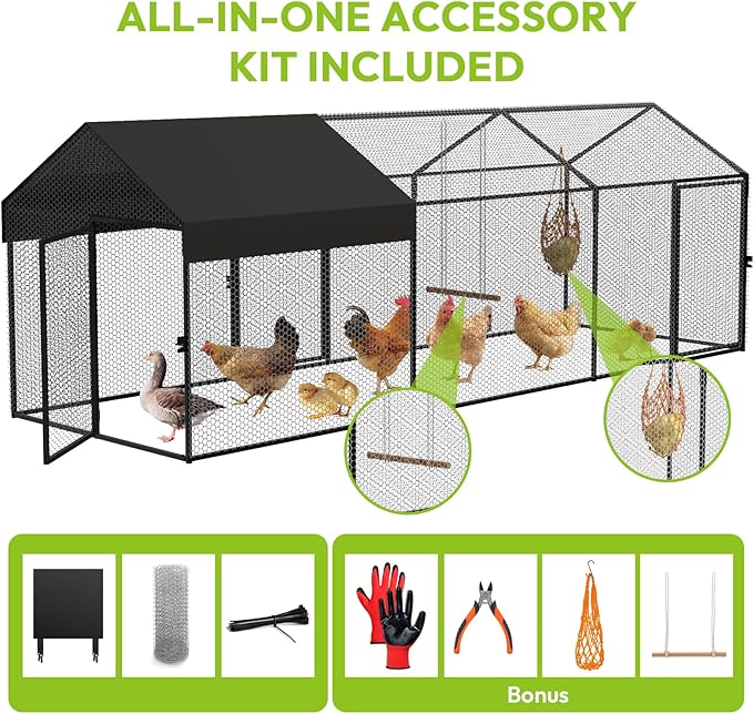 Large Metal Chicken Coop 120" L×40" W×40" H Heavy Duty Chicken Run Hen House with Waterproof Anti-UV Cover for Outdoor Chicken Pens with Chicken Swing