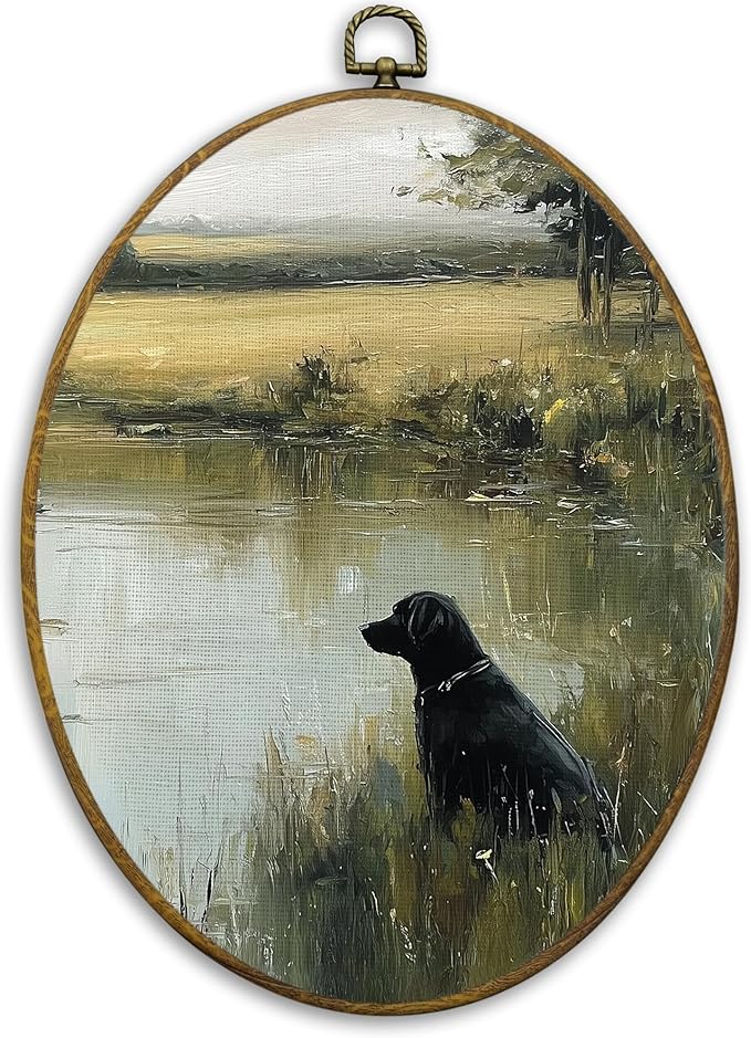 CUANFDDSF Vintage Black Labrador Landscape Oval Wall Art Decor, Countryside Cottagecore Farmhouse Cabin Wall Hanging Decor, French Country Framed Canvas Prints for Bedroom Living Room, 8.6x11.4 Inch