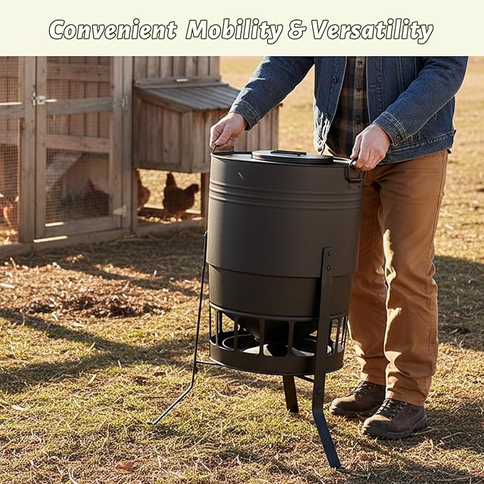 KOL Chicken Feeder No Waste for Coop & Outdoors, 16 Port 50lbs Poultry Feeder with Spill-Control Design, Rust-Proof Powder Coated Metal & Smooth Safe Edges (Black)
