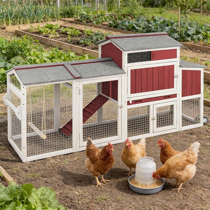 Chicken Coop Mobile Wooden Hen House with Nesting Box,83.2" L Outdoor Chicken House with 2 Wheels and Removable Tray,Fir Wood Chicken Tractor with 6 Ventilation Door and 1 Ramp,Red