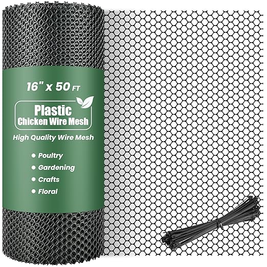 Plastic Wire Mesh,16IN x 50FT Chicken Wire Fencing for Floral Arrangements, Chicken Wire Mesh for Crafts with 100 Pcs Zip Ties,Gaden Netting for Dogs, Deers, Poultry