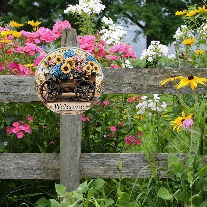 Round Flowers Welcome Metal Tin Sign Wreath Vintage Wall Decor for Farmhouse Home Kitchen Garden Office Backyard Patio 12x12inch