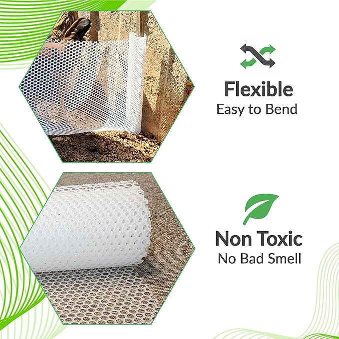 QueenBird Upgraded Plastic Chicken Wire Fence Mesh - 15.7IN x 10FT- Black/Green/White Colors - Hexagonal Fencing for Gardening - Poultry Netting, Floral Netting, Plastic Chicken Wire Mesh Roll (White)