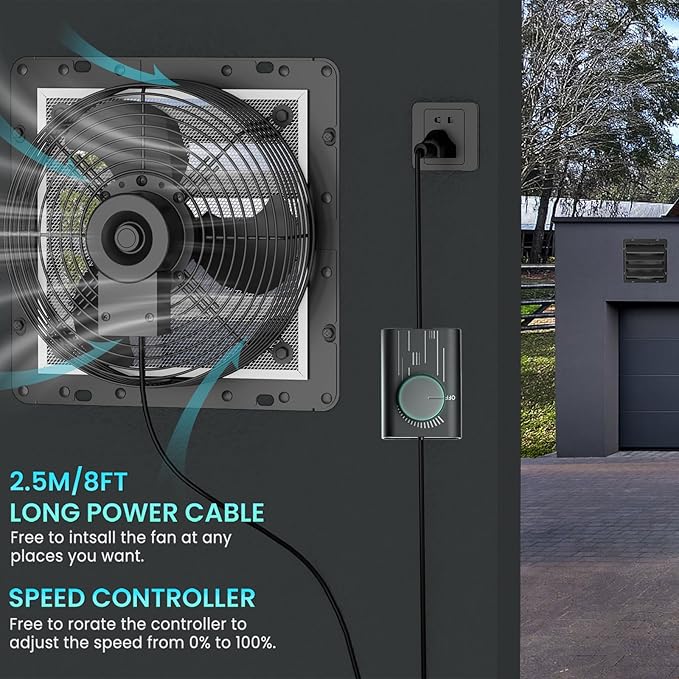HG Power 10 Inch Shutter Exhaust Fan with Speed Controller, 647CFM High-Speed Vent Fan with, 1400RPM Wall Mounted Attic Fan for Shed, Garage, Greenhouse Ventilation, Black