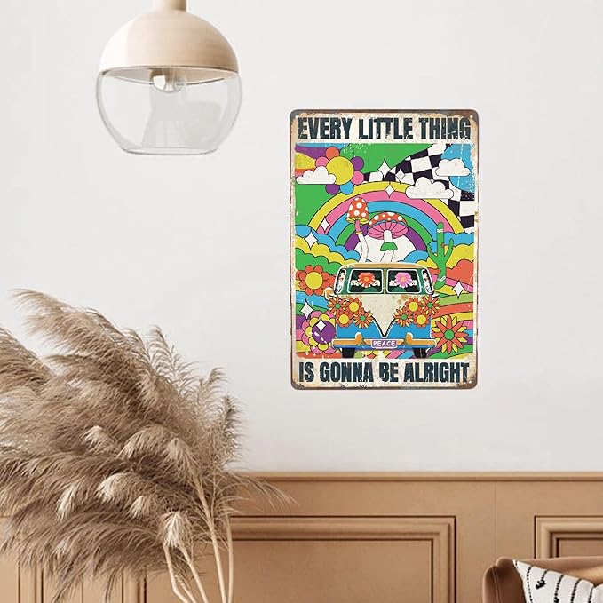 Hippie Bus Every Little Thing Is Gonna Be Alright Vintage Metal Poster Sign Decor-Retro Aluminum Metal Tin Sign for Home Wall Decor, Garden, Bedroom, Signs Gift,12''x 8''