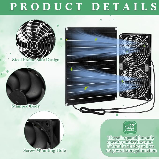 Riakrum 2 Set 2 Pcs 15w 12v Solar Powered Dual Fan Kit, Waterproof Solar Exhaust Intake Cooling Ventilation Fan for Chicken House, Doghouse, Greenhouse, Pet House, DIY Cooling Ventilation