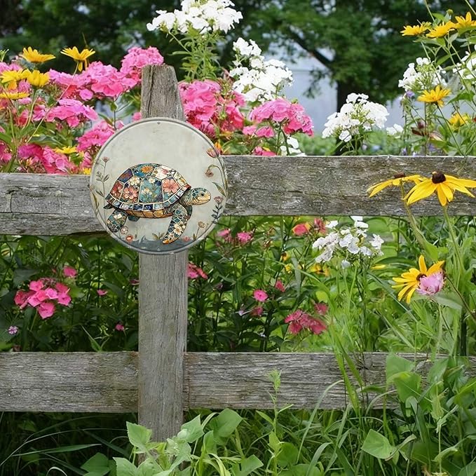 Turtle Round Metal Tin Sign Wreath Farm Flowers Rustic Vintage Wall Art Decor for Farmhouse Garden Backyard Home Outdoor Porch Gate 8x8inch