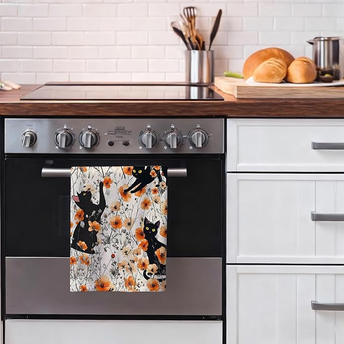 Black Cat Kitchen Towels Decorative Set of 4, Burnt Orange Floral Dish Towels Dish Cloths for Drying Cleaning, Soft Absorbent Cute Hand & Tea Towel, Cat Lover Kichen Decor & Gifts for Women