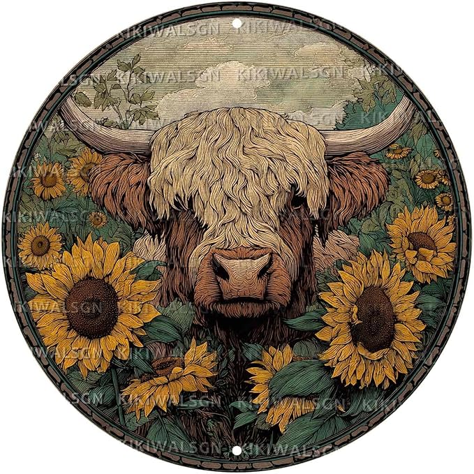 Vintage Highland Cattle Round Metal Sign Retro Sunflower Tin Sign Nostalgic Rustic Wall Decor Bedroom Living Room Cafe Yard Office Fence Door Outside Farmhouse Farm 12 * 12 In