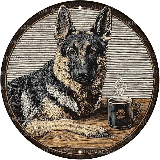 Vintage German Shepherd Dog Round Metal Sign Retro Coffee Tin Sign Nostalgic Dog Lovers Wall Decor Decorations for Home Bedroom Living Room Cafe Bar Man cave Office 8 * 8 In