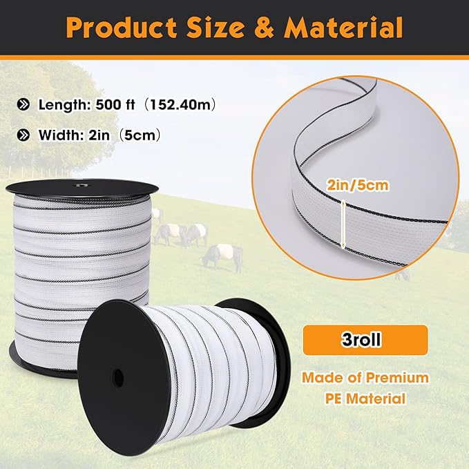 2 Inch x 1500ft/ 457m Electric Fence Tapes with High Visibility 3 Rolls Each 500ft Electric Horse Fence Kit for Horse Livestock