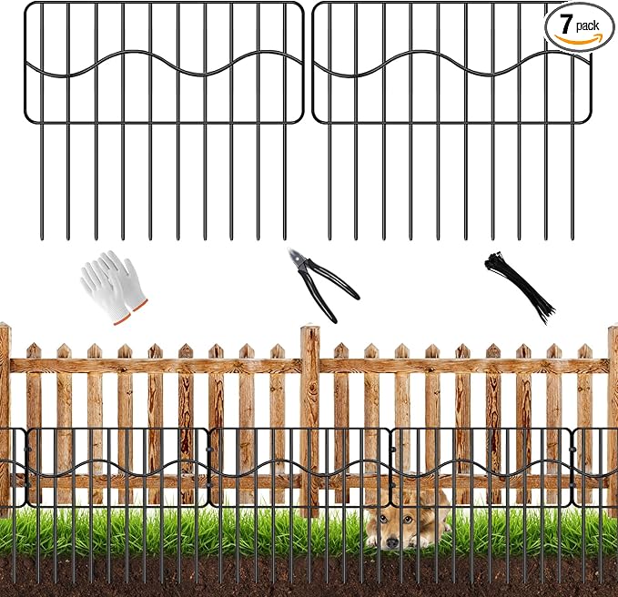 10ft(L) x 13in(H) Garden Animal Barrier Fence, 7panels No Dig Fences, Small Dog Fence Barrier, Animal Barrier Rabbit Fencing Rustproof Metal Decorative Border for Outdoor Garden