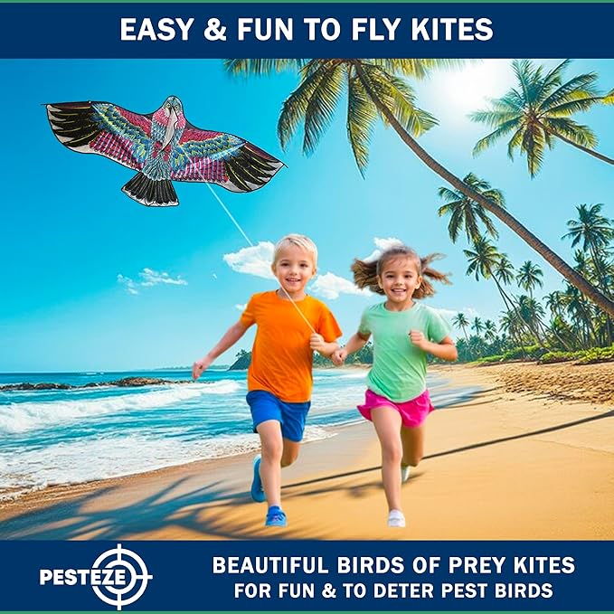PESTEZE USA Red Eagle Kite 60x28 Inch. EZ to Fly Fun. Provides Humane Bird Deterrence in Yards & Farms. Protects Vegetables, Fruits & Crops from Pest Birds & Critters