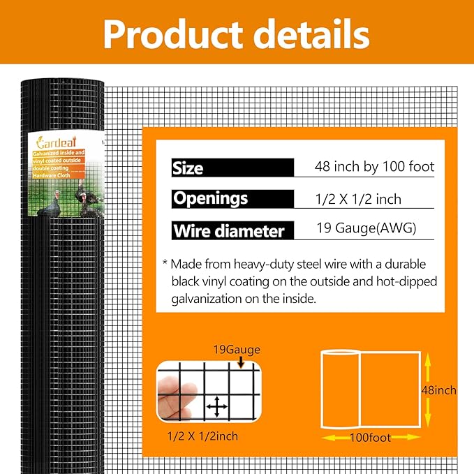 Black 19 Gauge 1/2 Inch Hardware Cloth - Vinyl Coated Welded Wire Mesh Roll - Duty Rust Proof Fencing for Gardens, Poultry Animal Netting Cage Screen (Black 1/2 48inx100Ft)