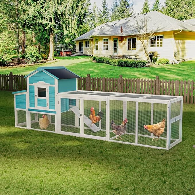 123" Large Wooden Chicken Coop with Run for 4–6 Chickens, Outdoor Hen House with Nesting Box, Sliding Tray, Ramp and Lockable Doors, Weather-Resistant Poultry Enclosure for Backyard, Farm,Blue