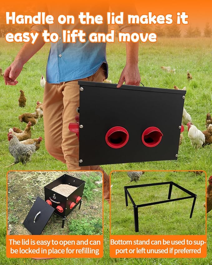 Automatic Chicken Feeder –50 lbs 8 Feeding Ports,Large Metal Chicken Feeders - No Waste Poultry Feeder with Locking Lid and Legs for Inside Coops