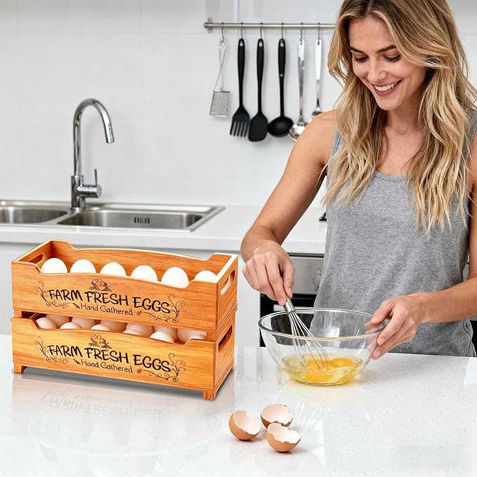 Wooden Farm Fresh Egg Holder Set of 2, Stackable Egg Trays with 12 Slots (24 Total), Brown Countertop Organizer for Fresh Eggs, 2-Tier Kitchen Counter Storage Eggs Crate