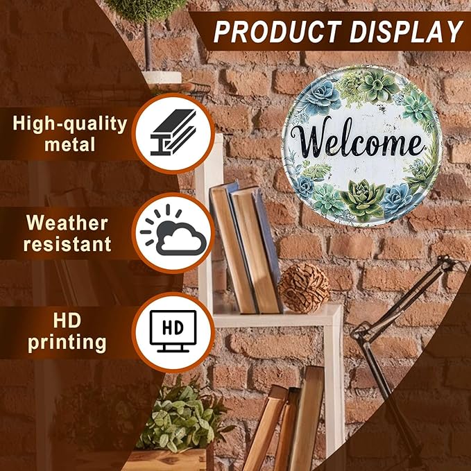 Round Welcome Wreath Aluminum Tin Sign Vintage Style Hanging Door Decor for Front Door Porch Entryway Outdoor Wall Art Decor 8x8inch