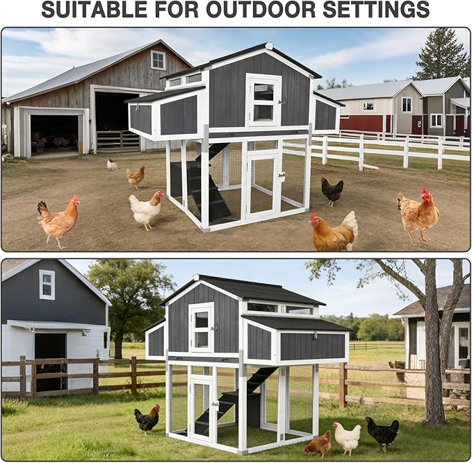 Large Chicken Coop for 6-8 Chickens, Double Folding Wooden Chicken House with 2 Nesting Boxes, Reinforced Iron Frame, Pull-Out Tray & Waterproof Roof, Outdoor Poultry Cage-(Black)