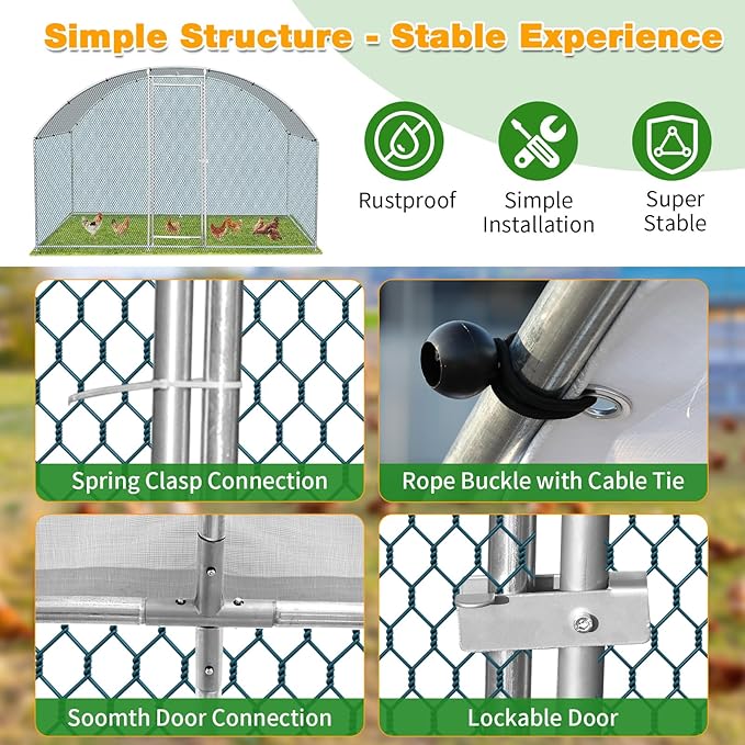 VINGLI Large Metal Chicken Coop, 6.5x9.8x6.5 ft Poultry Cage for Chicken Run, Walk-in Chicken Pen with Waterproof & Anti-UV Cover for Yard Outdoor (Silver-Dome Roof)