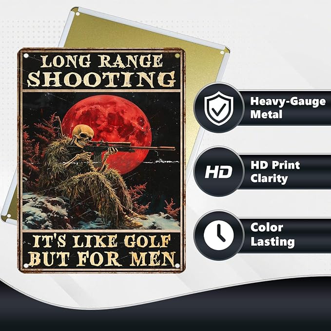 Vintage Skeleton Tin Sign Long Range Shooting Retro Metal Poster It's Like Golf But For Men Funny Gun Wall Art Cafe Office Wall Decorations for Home Bar Club Military Fan Man cave 16 * 12 In