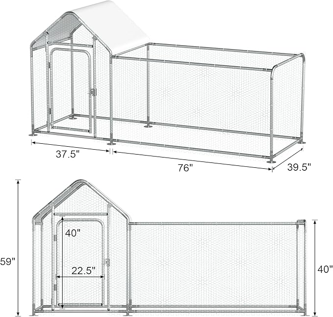 Metal Chicken Coop, Walk-in Chicken Run with Waterproof & Anti-UV Cover Poultry Cage Spire Roof with Lockable Door Chicken Hen House for Duck Rabbit Outdoor Farm