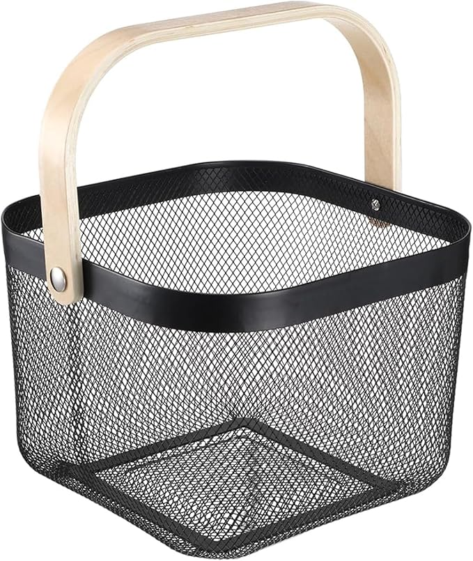 Metal Mesh Wire Basket, Large Steel Basket with Wooden Handle Storage Organizer Basket Multi-functional Hanging Kitchen Baskets Fruit Baskets for Kitchen Bathroom Cabinet Pantry Snacks, Black