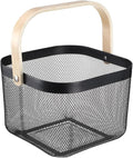 Metal Mesh Wire Basket, Large Steel Basket with Wooden Handle Storage Organizer Basket Multi-functional Hanging Kitchen Baskets Fruit Baskets for Kitchen Bathroom Cabinet Pantry Snacks, Black