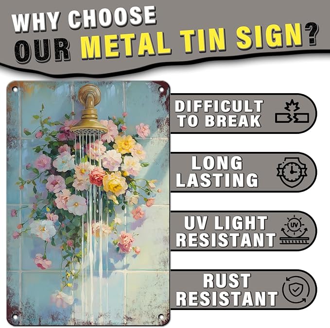 Floral Bathroom Metal Wall Sign Bathroom Flower Wall Art Wildflower Watercolor Print Floral Shower Decor Flower Vintage Poster Sign 8x12inch