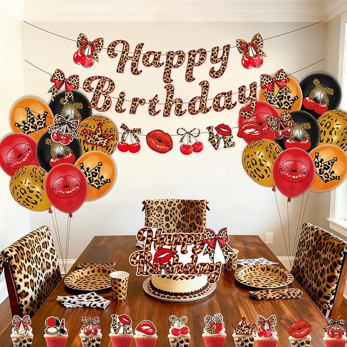 32pcs Cheetah Print Birthday Decorations with Cherry Leopard Bow Red Lips Happy Birthday Banner Balloons Cake Cupcake Topper for Safari Jungle Theme Party Decor Supplies