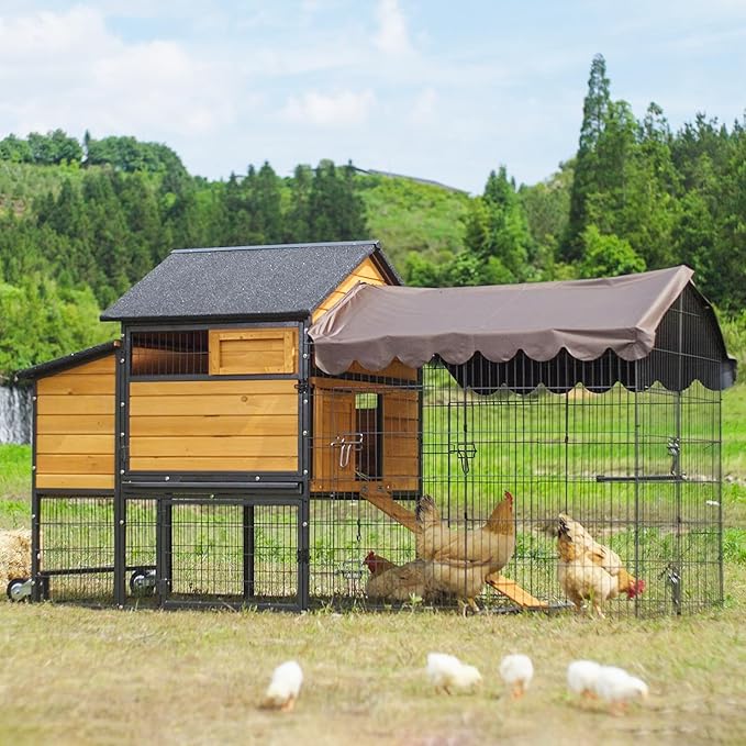 GUTINNEEN Large Chicken Coop with All Around Metal Frame Mobile Hen House with Wheels Weatherproof Duck House with Nesting Box, Outdoor Run, Perch, Leakproof Tray for 6-8 Chickens 85" L