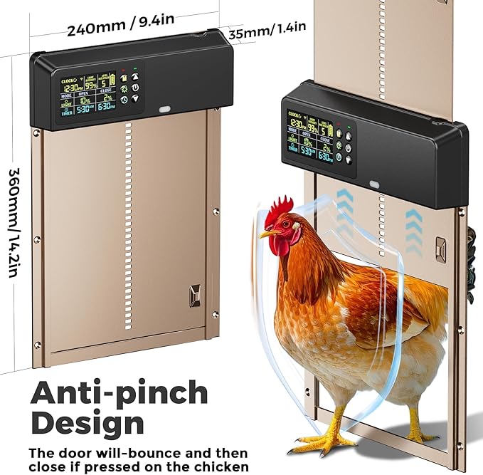Automatic Chicken Coop Door Solar Powered with Remote Control, Timer and Light Sensor, 5 Modes, Color LCD Display, Aluminum Chicken Door with Adjustable Anti-Pinch