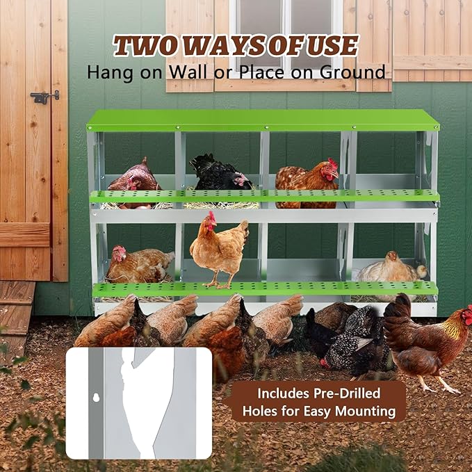 Chicken Nesting Box,Heavy Duty Metal Nest Boxes,8 Hole Roll Away Nesting Boxes,with Large Vented Holes,Wall-Mountable Chicken Coop Nesting Boxes,for Chickens,Ducks,Large Egg Boxes (Green 8 Hole)