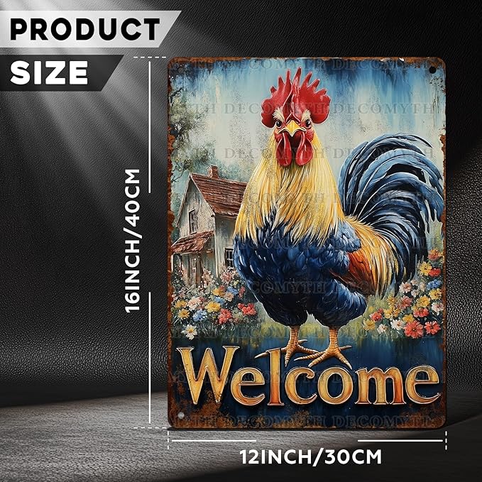 Vintage Rooster Tin Sign Welcome Retro Chicken Rustic Wall Decor Nostalgic Art Funny Coop Metal Poster Outdoor Store Cafe Farmhouse Kitchen Garden Plaque Bar Pubs Yard Farm 12 * 16inch