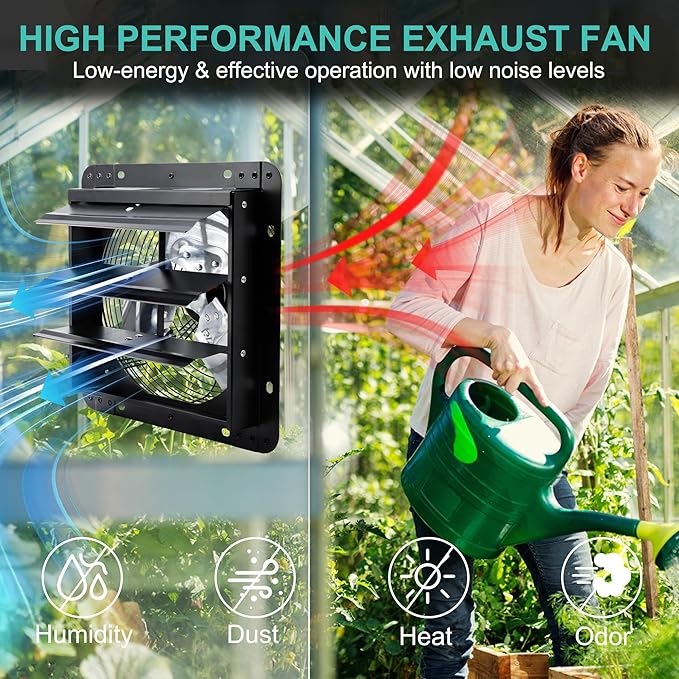 12 Inch Shutter Exhaust Fan for Greenhouse, Shed, Garage, Barn, Chicken Coop Ventilation, Wall Mount Attic Fan with Speed Controller and Power Cord, 970 CFM, Black