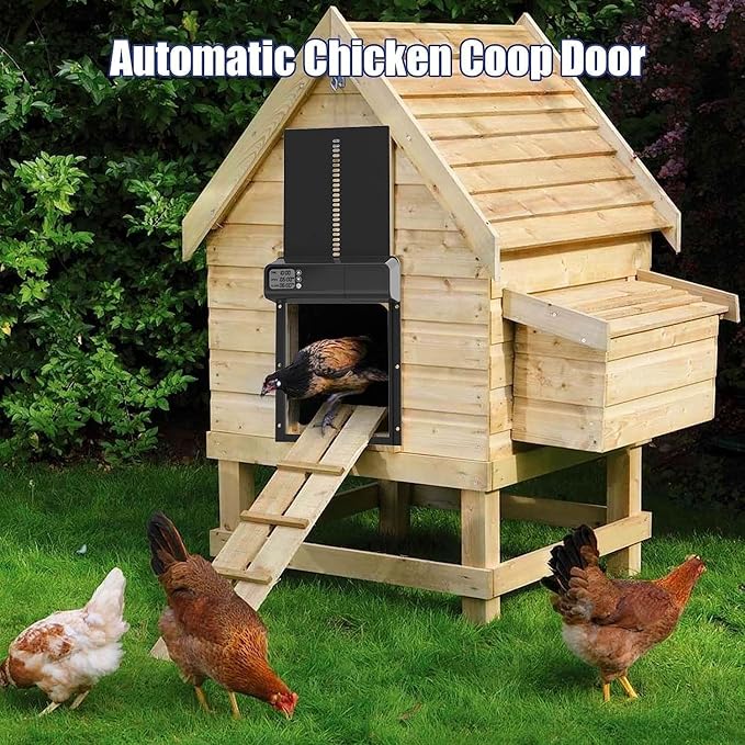 Automatic Chicken Coop Door with Timer, Gear Lifter Poultry Gate,Battery Powered, Evening and Morning Delay, Full Aluminum Door, Automatic Chicken Door Opener with LED Liquid Crystal Display (V-Black)