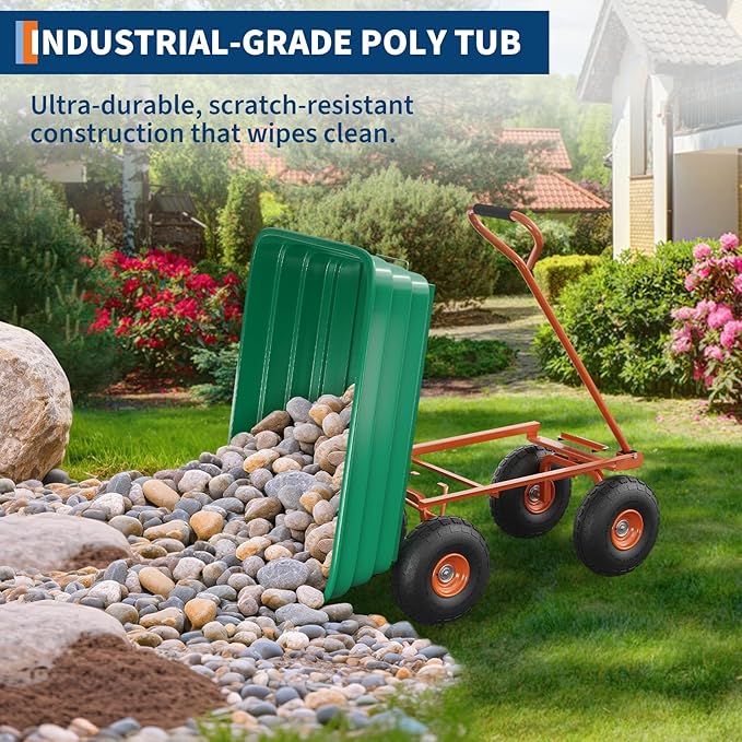 Heavy Duty Garden Dump Cart 1200 lbs, 125L Utility Wagon with 180° Adjustable Handle, Quick Release, 10" All-Terrain Tires for Yard, Lawn, Landscaping – Green + Orange | 1200 lbs. load capacity | 125L