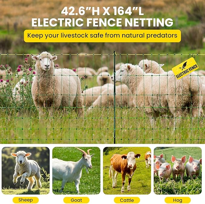 Electric Fence Netting, 42.6" H x 164'L Electric Anti-Predator Poultry Fence, PE Net Fencing Kit with 14 Posts Double Spiked, Movable Livestock Nets for Sheep, Hogs, Cattle and Other Big Poultry