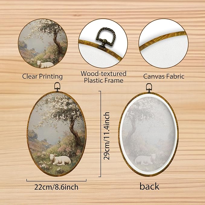 Hiuwevt Vintage Easter Lamb Oval Wall Art Decor, Rustic Farmhouse Lamb Framed Canvas Prints, Cottagecore Spring Landscape Easter Oval Wall Hanging Decor for Home Bedroom Decorations, 8.6x11.4 Inches